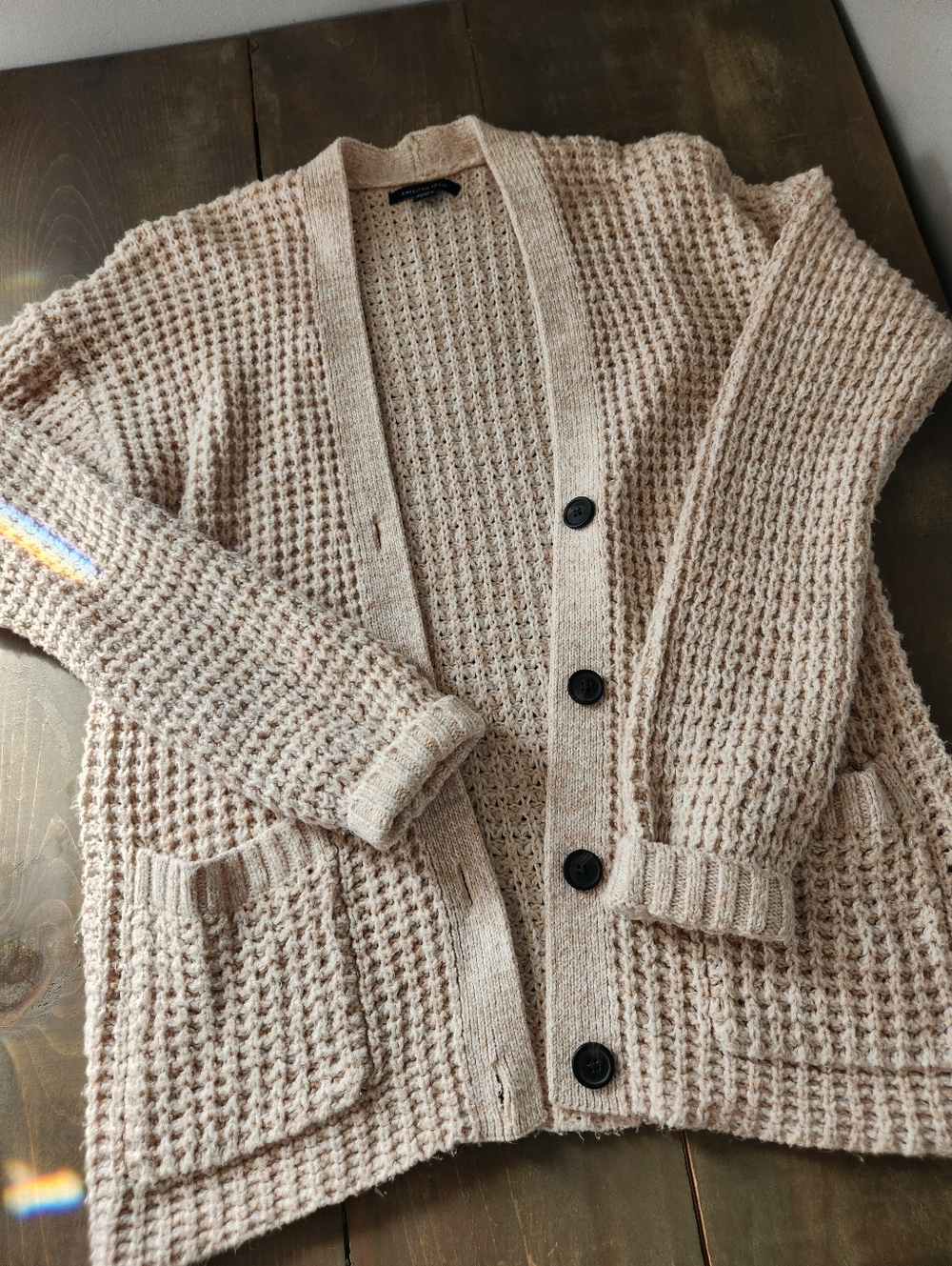 American Eagle Beige Waffle Knit Cardigan Sweater - Size XS - Picture 3 of 9